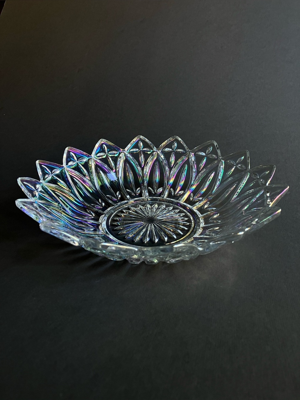 Vintage Federal Glass Iridescent Carnival Glass Petal Bowl 10”